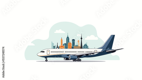 Airplane illustration with city skyline on top, representing modern air travel concept.