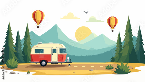 Peaceful nature camping scene with caravan trailer and hot air balloons in a scenic forest mountain landscape.