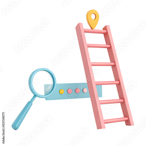 A 3d rendered illustration showcasing a ladder leading to a location pin with a magnifying glass and colorful dots representing finding the correct destination.