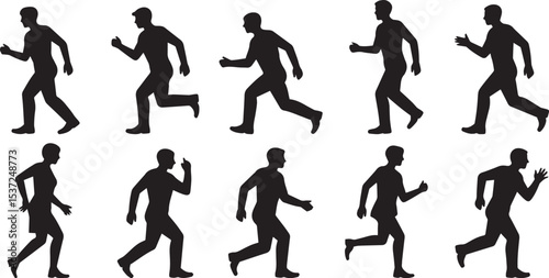 Ten silhouettes of people running and walking. eps-10
