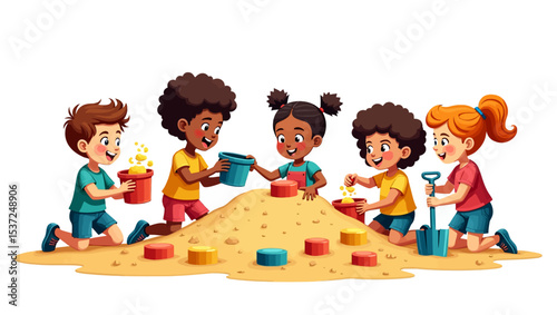  Group of happy diverse children playing in a sandpit with colorful toys, symbolizing friendship and outdoor fun.