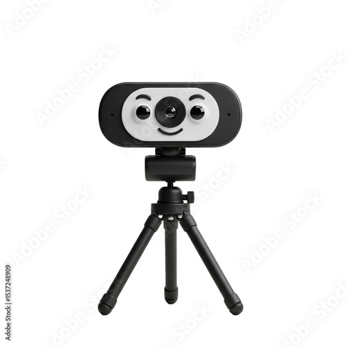 Webcam with smiley face design and tripod stand isolated against a plain, featureless setting on transparent background