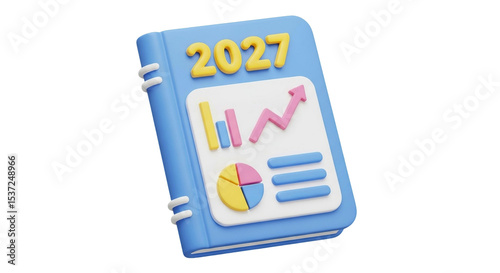 Illustration of a blue book with charts and the year two thousand and twenty seven on the cover on transparent background