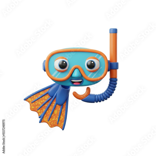 Cartoonish scuba diver with goggles and snorkel in blue and orange against a plain backdrop on transparent background