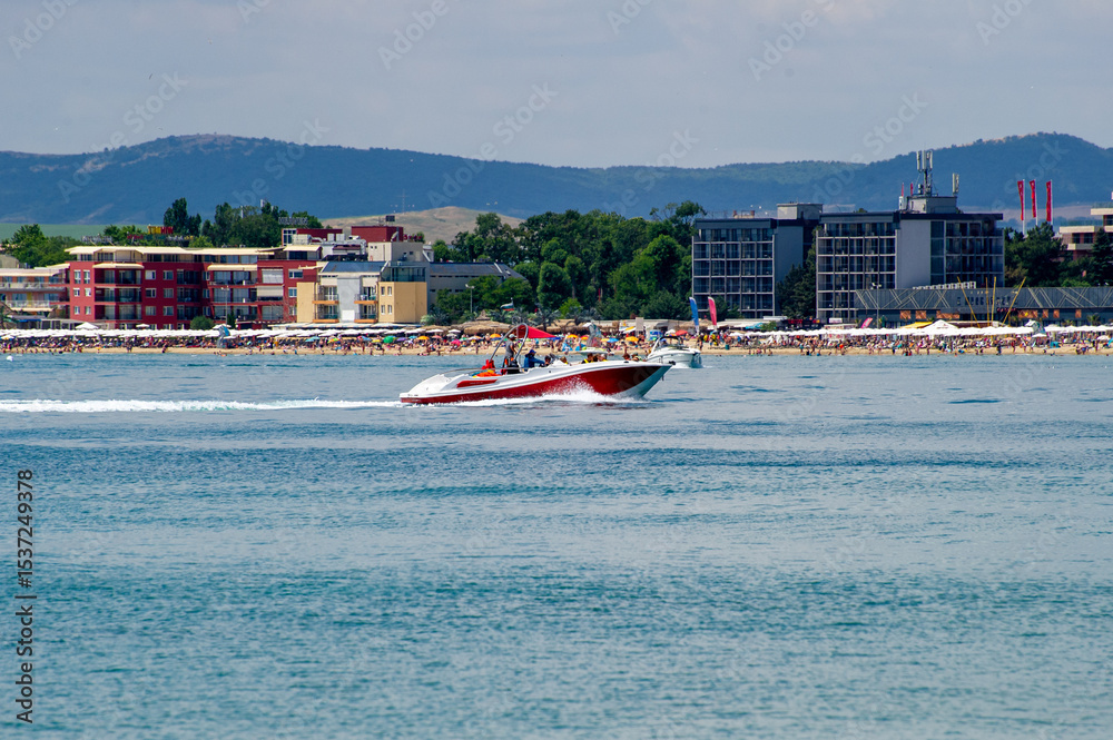 Obraz premium a speedboat on the sea in Sunny beach, Bulgaria