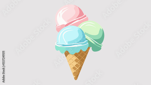Colorful ice cream cone with three scoops on a light background with copy space for text