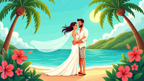 Romantic couple embracing on tropical beach under palm trees – perfect for destination wedding or honeymoon themes.