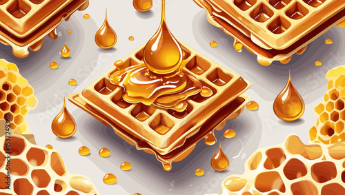 Delicious waffles drizzled with honey and surrounded by honeycomb on a light background with copy space