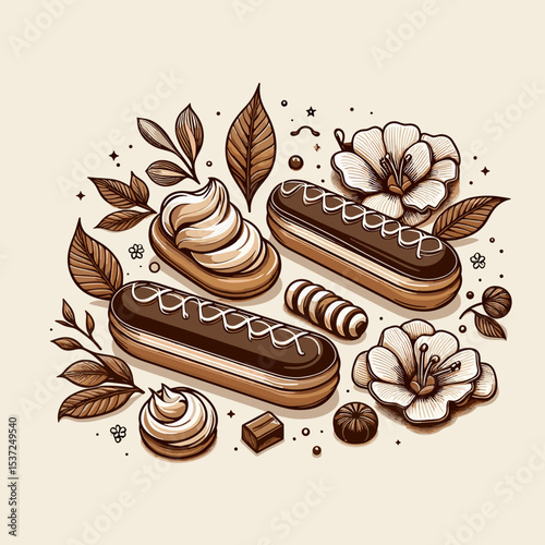 Elegant illustrated eclairs with floral decorations and chocolate accents on a beige background