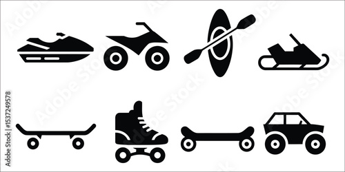 Flat solid style icons for recreational transport including jet ski, atv icon, kayak, snowmobile, skateboard, rollerblades, hoverboard, and dune buggy perfect for outdoor and sport themes

