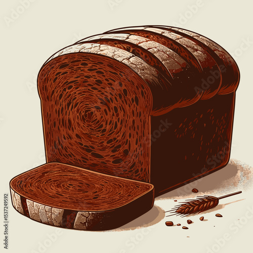 Artistic illustration of sliced brown bread with wheat grain on a beige background