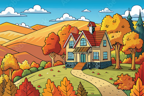 Cozy cartoon autumn rural landscape with a village house, trees, and sky
