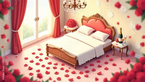  Romantic hotel room scene with rose petals, champagne, and elegant decor, perfect for honeymoon or anniversary stays.