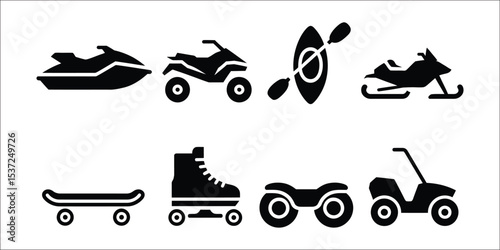 Solid style icons set of recreational transport including jet ski, atv icon, kayak, snowmobile, skateboard, rollerblades, hoverboard, and dune buggy for outdoor and adventure themes

