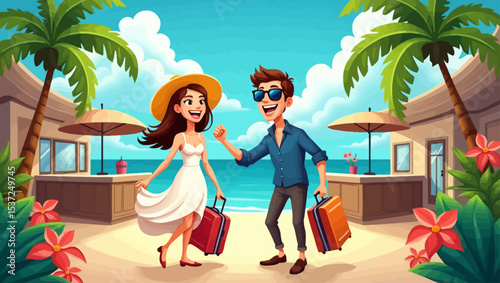 Happy couple on summer vacation arriving at tropical resort with suitcases, palm trees, and vibrant beach background.