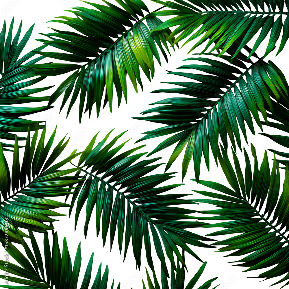 Obraz premium Scattered palm fronds, large and wide, deep green in color, arranged randomly on a clean white background, no shadows.