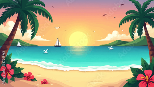 Beautiful tropical beach sunset with sailboats, palm trees, and warm sky in a peaceful seaside landscape.