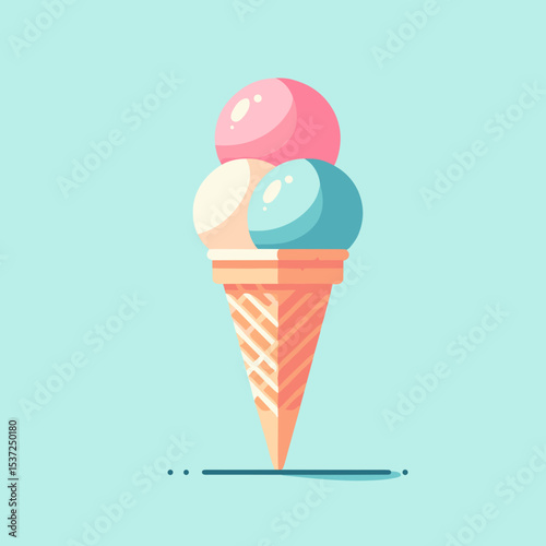 Stylized illustration of a colorful ice cream cone with three scoops on a light blue background