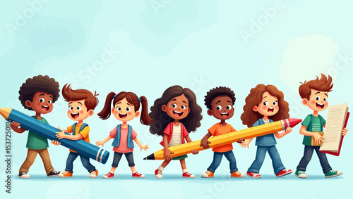 Happy children walking with oversized school supplies, symbolizing back-to-school excitement and educational creativity.