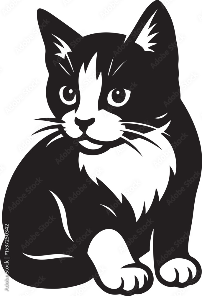 Obraz premium Cute kitten silhouette black and white drawing, Baby cat minimal vector design