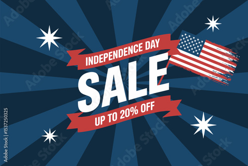 Independence day sale advertisement with stars, stripes, and a usa flag on a blue background