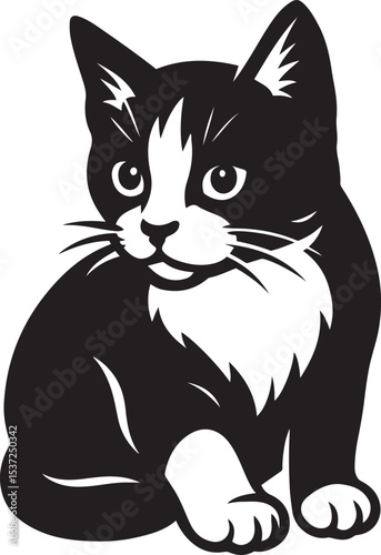 Cute kitten silhouette black and white drawing, Baby cat minimal vector design