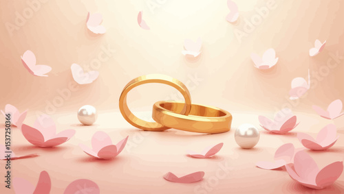 Wedding gold rings with pink paper butterflies and pearls on soft romantic background, ideal for love and wedding invitations.