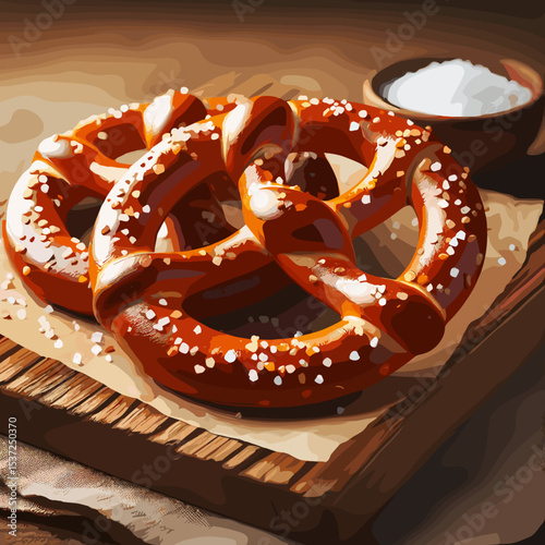Freshly baked pretzels sprinkled with coarse salt on a wooden surface with a bowl of salt