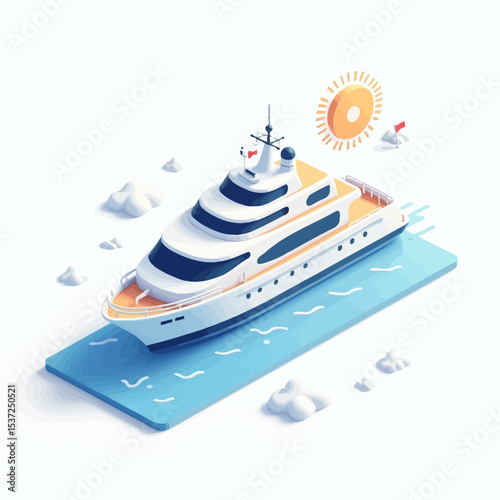 Modern yacht sailing on blue sea with sun and small islands, symbolizing luxury vacation and sea travel.