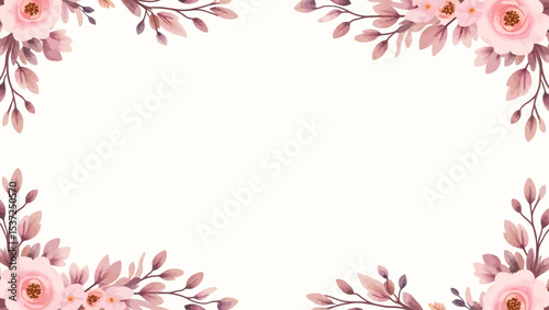 Floral frame with pink roses and leaves in watercolor style, perfect for wedding invitations, love themes or romantic designs.