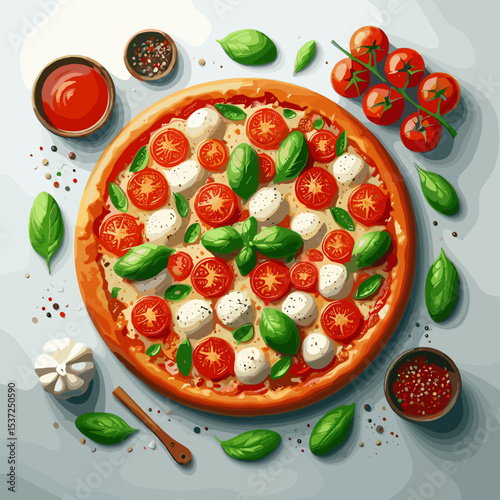 Delicious pizza topped with tomatoes, mozzarella, and basil on a light background