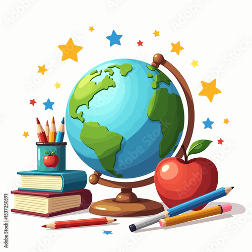 Globe, apple, pencils and books on white background symbolizing global education, learning and school themes.