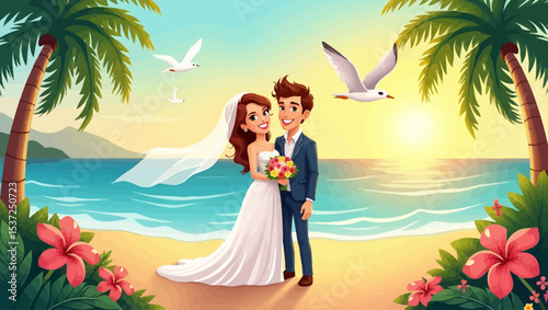 A happy couple getting married on a tropical beach at sunset, surrounded by palm trees and flowers.
