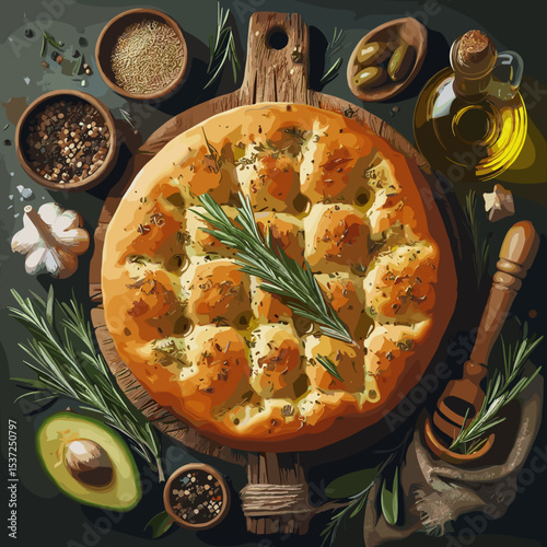 freshly baked focaccia bread topped with herbs and surrounded by cooking ingredients, rustic setting, copy space