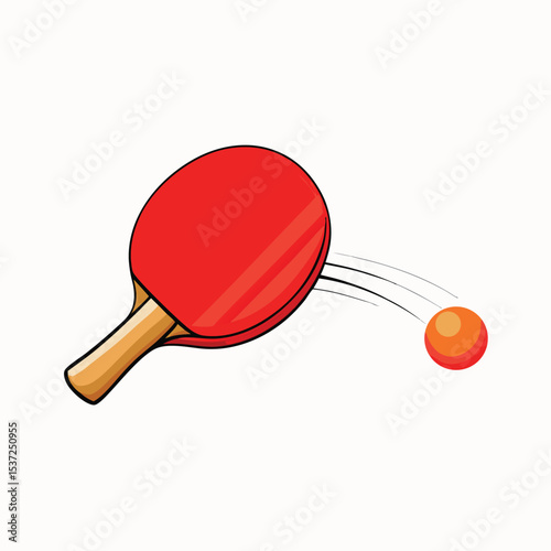 Red ping pong paddle hitting orange ball vector illustration isolated on white background