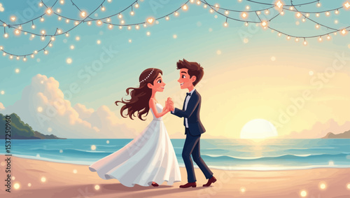 Romantic couple holding hands on a tropical beach at sunset, surrounded by twinkling fairy lights.
