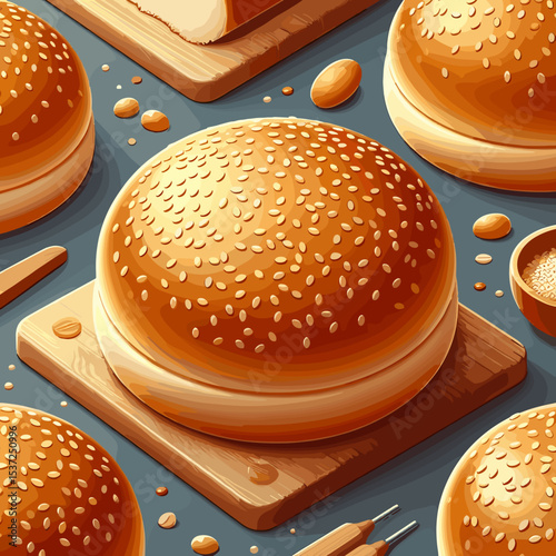 Freshly baked sesame burger buns on a wooden board with scattered almonds on a blue background