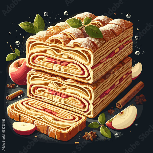 Artistic illustration of layered apple pie with spices on a dark background