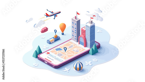 3D smartphone map with buildings, flight icons, and navigation pins, representing travel booking concept.