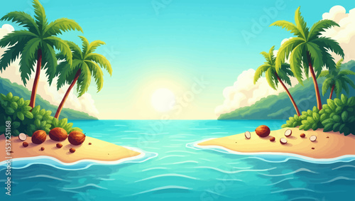 Sunny tropical sea view between two palm-covered islands with clear water and coconuts.