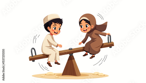 Cartoon Muslim boy and girl playing together on seesaw, joyful childhood scene with traditional outfits.