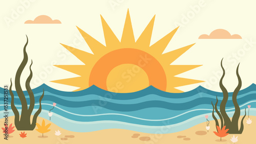 Flat illustration of sun rising over the ocean with underwater plants and warm colors in minimal design.