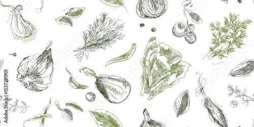 Hand-Drawn Vegetables and Herbs Monochrome Seamless Pattern. Healthy Produce Botanical Kitchen Design for textile, packaging, fabric, wallpaper, branding, stationery, wrapping paper interior decor.