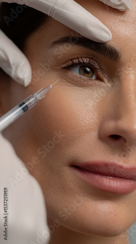 Closeup view of botox treatment on a woman's face in a beauty salon with focus on the syringe and skilled hands. botox in eyelid, plasma, blepharoplasty, cosmetologist