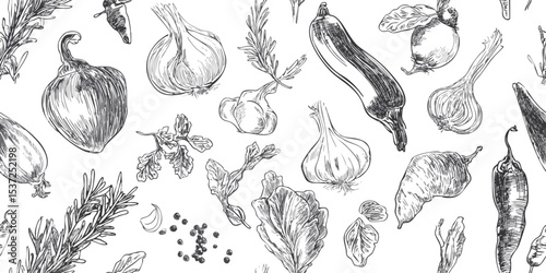 Hand-Drawn Spicy Chili Pepper and Garlic Monochrome Seamless Pattern. Culinary Herb and Ingredient Design for textile, packaging, fabric, wallpaper, branding, stationery, wrapping paper interior decor