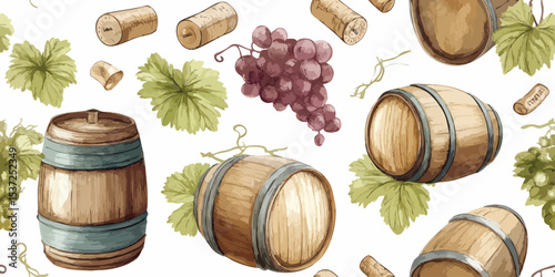Rustic Wine Barrels, Grapes, and Corks Watercolor Seamless Pattern. Vineyard and Winery Themed Design for textile, packaging, fabric, wallpaper, branding, stationery, wrapping paper interior decor