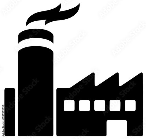 Factory Building with Chimney Emitting Smoke, Industrial Production Scene, Manufacturing Facility, Heavy Industry, Pollution Concept, Economic Growth, Industrialization, Energy Consumption, Environmen