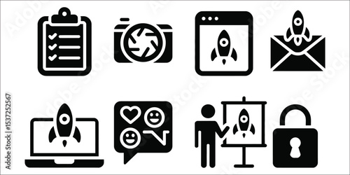 Flat solid style icons for pre-launch stage including launch checklist, go-live switch, landing page, beta invite, launch teaser, user feedback, final pitch, and early access icons for project managem