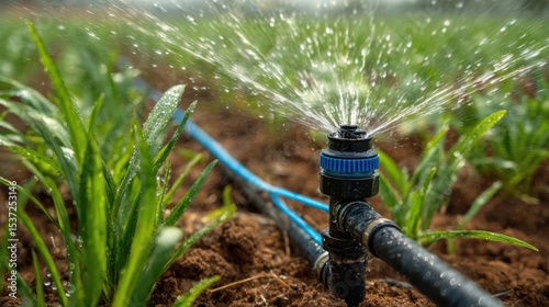 Water sprays from a sprinkler system, soaking the vibrant green crops in a farmland setting during daylight. This efficient irrigation method promotes healthy growth