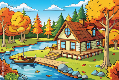 Autumn landscape vector illustration with rural residential cottage houses on a lake or river